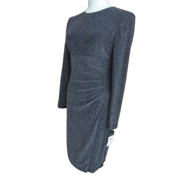 Ralph Lauren New Navy Shimmer Silver Accent Long Sleeve Ruched Cocktail Dress 0P - Picture 1 of 14